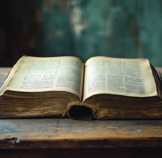 Vintage book lying open on a rustic table near a green wall