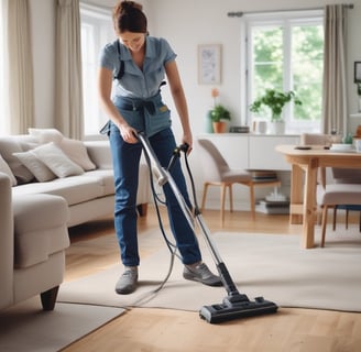 A person wearing protective clothing, a face mask, and gloves is cleaning a white cushioned furniture piece using a vacuum cleaner. The setting appears to be indoors with bright natural light streaming in through large windows. A green potted plant is placed next to a white sofa, adding a touch of nature to the clean and tidy environment.