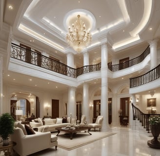 A modern interior architectural design featuring a series of staggered glass railings and stairs with wooden ceiling panels. The space is bright, with light streaming in from large windows in the background.
