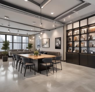 An architectural interior featuring a modern, geometric design with a floating glass and white structure against a wall of gray marble. The ceiling is patterned with a grid of recessed lights and panels, enhancing the clean and contemporary atmosphere.