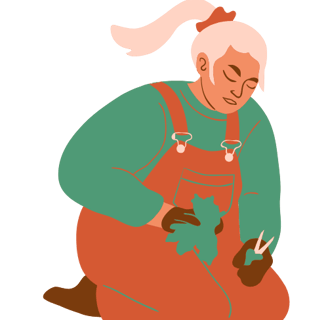 a woman in overalls and overalls is holding scissors and scissors