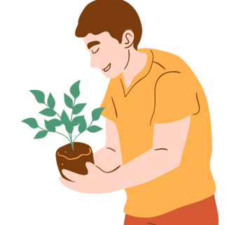a man holding a plant in his hands