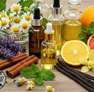 Glass essential oil dropper bottles on a rustic wooden surface surrounded by aromatic botanicals