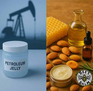 Split-image comparison showing a clinical blue-tinted jar of petroleum jelly vs Natural Bee's Balm
