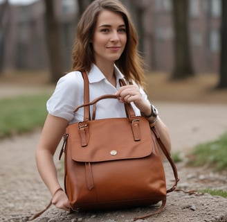 a woman in a white shirt and brown bag