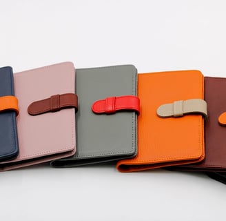 a group of four leather wallets with a leather case