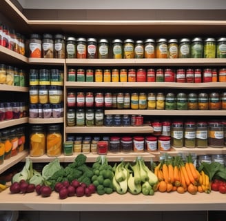 A man is packaging goods in a shop filled with shelves of various spices and herbs stored in jars and bags. The shelves are neatly organized, displaying an array of colorful containers. The man appears to be focused on his task, standing behind a counter with a digital scale.