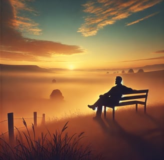 a man sitting on a bench in the foggy day