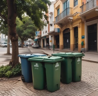 A blue dumpster with weathered paint and the words 'Fatin Soe Lixo' is situated on a street adjacent to a parked vehicle labeled 'HW Lifestyle.' The setting includes lush green trees providing shade over the street, while a pedestrian area with benches is visible in the background.