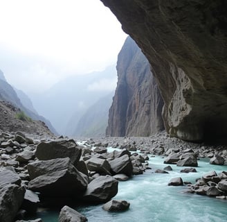 a river running through a canyon with rocks and water
