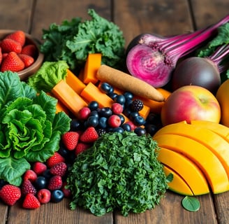 a variety of fruits and vegetables on a wooden table