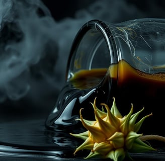 a glass of coffee with a flower on a table