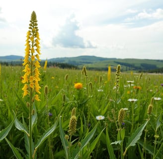 a field with yellow flowers "mullein" and a bench in the foreground