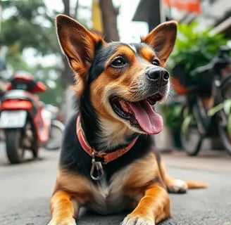 A dog laying down on the street in Bangkok