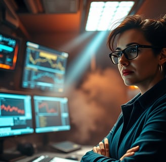 Professional woman sitting in front of multiple screens looking at data.