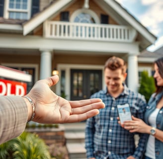 Real estate agent gestures towards a sold home as a happy couple stands in front, holding a phone