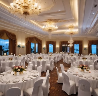 a large room with tables and chairs and a chandelier
