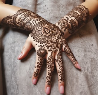 A hand adorned with intricate henna designs, featuring floral patterns and swirls, with sections of the fingers coated in black henna. The background is a woven, circular mat that provides a textured contrast to the skin and artwork.