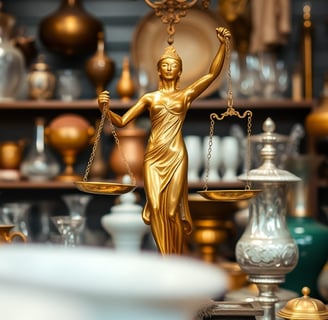 dans un magasin d' antiquités brocante parmi vases et bibelots, une statue en bronze qui représente la Justice.