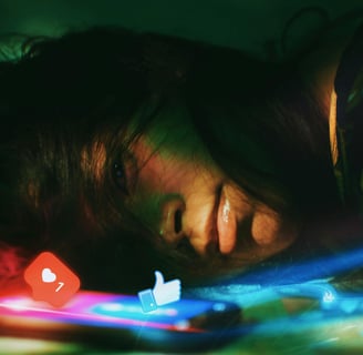 a woman laying on a bed with a phone