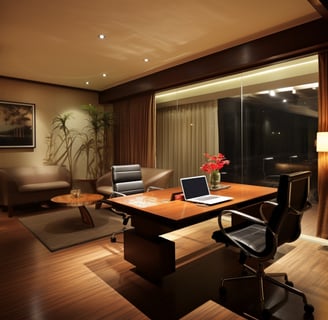 a room with an office table with a laptop and vase