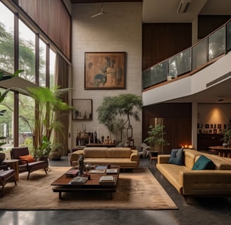 a living room with a large window and a couch