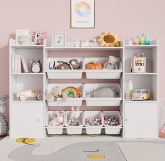 a room with a shelf with lots of toys and toys