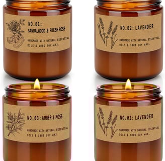 a set of four candles with labels on them