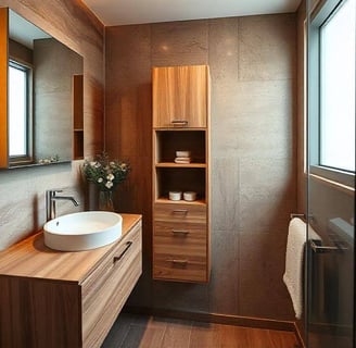 a bathroom with a sink and a wooden vanity