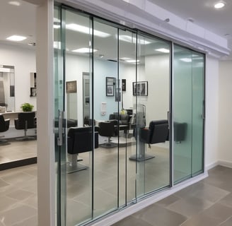 A large grid of frosted glass windows with a dark frame. The glass is slightly foggy or dirty, allowing limited visibility through it. Soft, diffused light filters in through the windows, creating a muted atmosphere. A black metal railing with a decorative swirl is partially visible in the lower left corner.