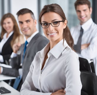 a woman in a white shirt and glasses is standing in front of a group of