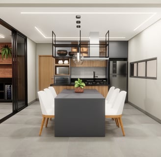 cozinha moderna cinza e madeira de uma consultoria de interiores