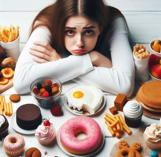 a sad woman sitting at a table with a lot of food