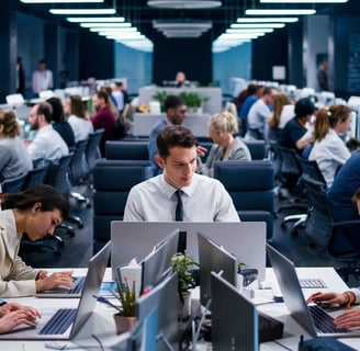 a group of people sitting at desks in a busy office showing efficiency 