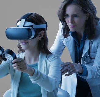 a doctor woman in a lab coat with a patient using Virtual Reality