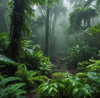 Dark Green Wet Forest Scenery