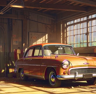 An old rusty car sitting in a garage looking appealing