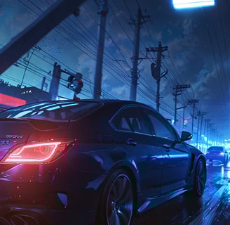 A black sedan with a spoiler driving down a bright neon cyberpunkish road