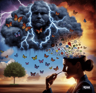 a woman with a cigarette in her hand and a cloud with a lightning bolt. "Think Like a Monk: Train Yo