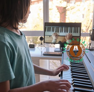 a young boy playing a piano in a room