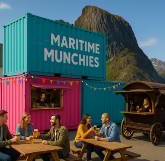 Fargerik matplass hos Maritime Munchies i Hamnøy, Lofoten. Folk nyter lokal øl og street food