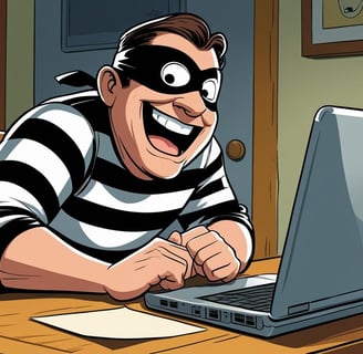 a cartoonish looking man in a striped shirt and a mask