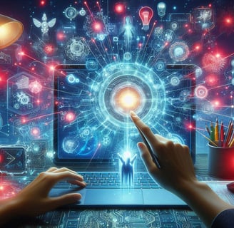 an explosion of technology coming from a computer laptop on a desk