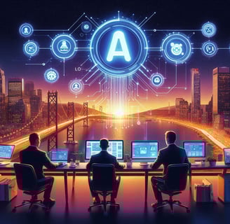 users at a table with computers looking out over an AI city skyline and river