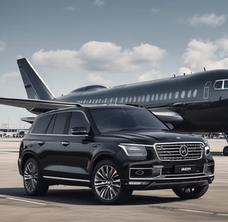 A sleek, luxurious black car with shiny chrome details is parked indoors. The vehicle features a prominent front grille and distinctive headlights. There are other cars present in the background, suggesting a showroom or garage setting. The tiled floor and wall art add to the upscale ambiance.