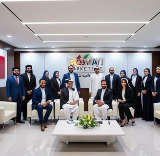 a group of people standing in a room with a table and chairs