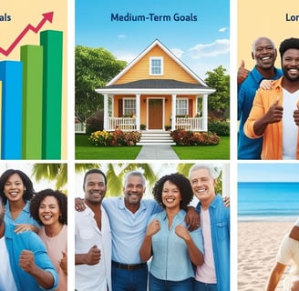 a collage of a group of people in front of a house
