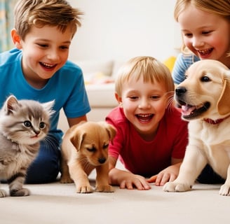a group of children playing with kitten and kitten
