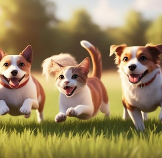 a group of cats and dogs running in the grass