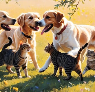 a group of cats and dogs playing in the grass